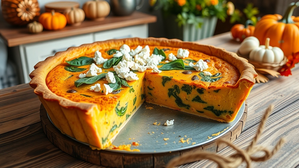 Savory Pumpkin Quiche with Spinach and Feta Golden-brown pumpkin quiche with spinach and feta, served on a rustic table with a slice removed.